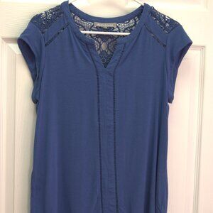Daniel Rainn blue knit blouse, floral-crocheted yoke